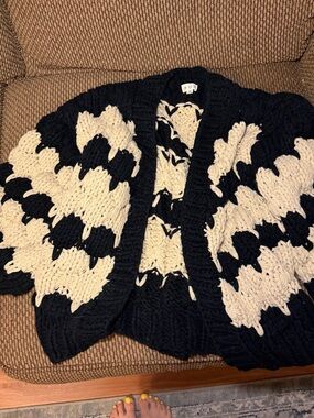 POL Black and Cream Chunky Knit Open Cardigan